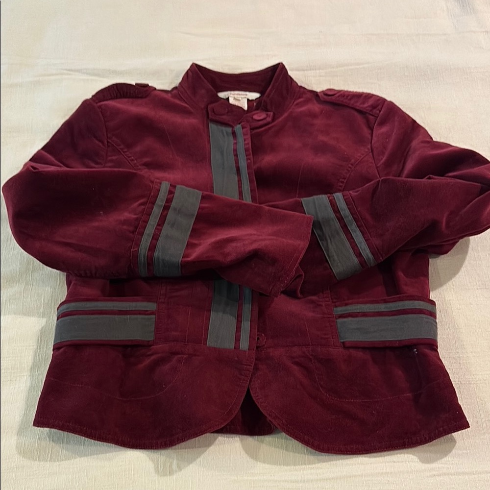 Sundance Deep Burgundy Velvet Jacket with Button Details and grey cotton trim